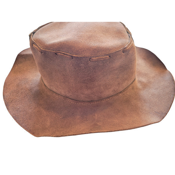 Vintage Vegan‎ Leather Brown Outback Cowboy Lace Detail Hat Boonie Hat - Picture 10 of 13